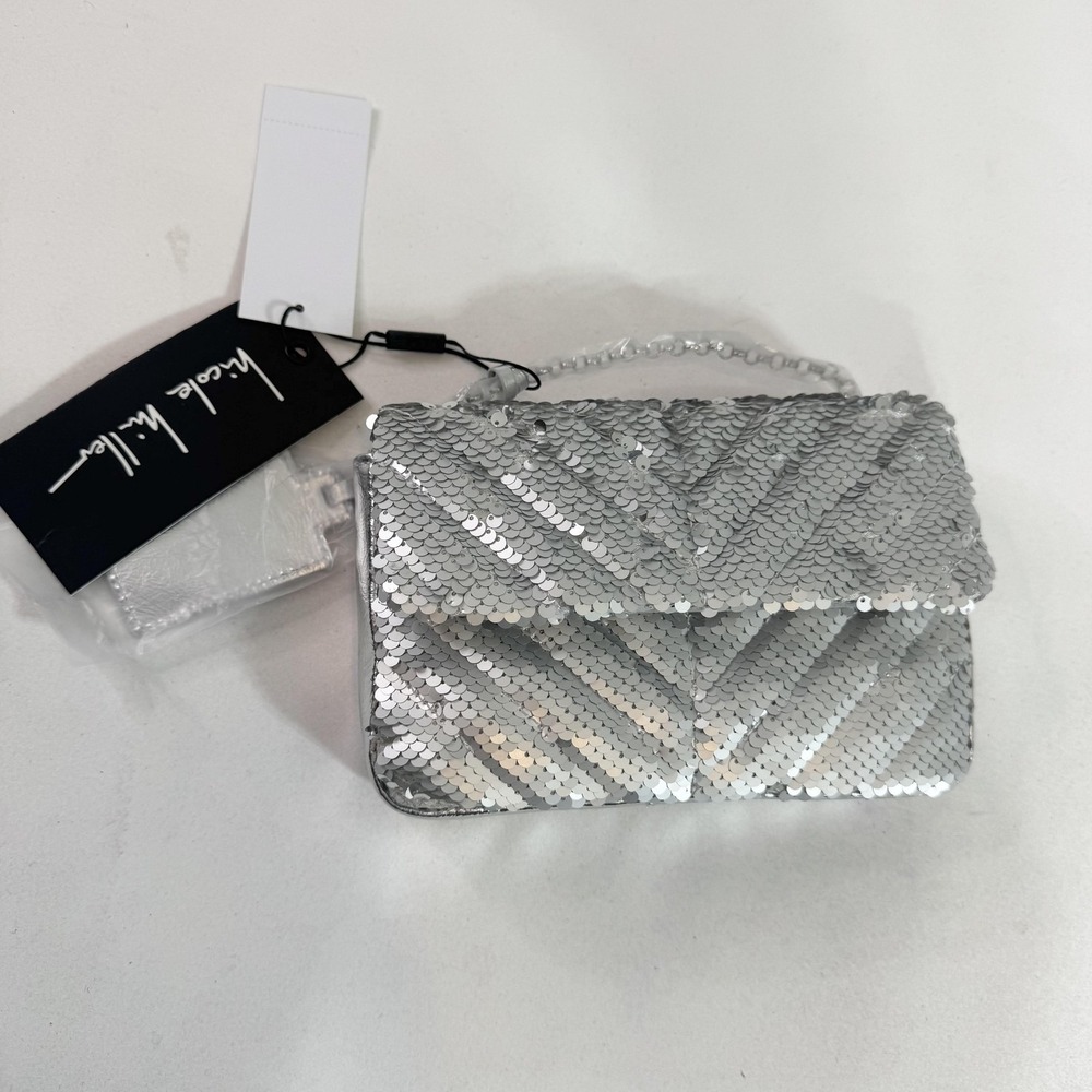 Nicole Miller Crossbody Bag Womens Mini Silver Sequin Chevron Chain Party Purse
